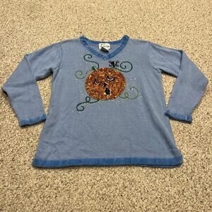 Quacker Factory Halloween Sweater M Sequin Pumpkin Spider Fall V Neck Casual